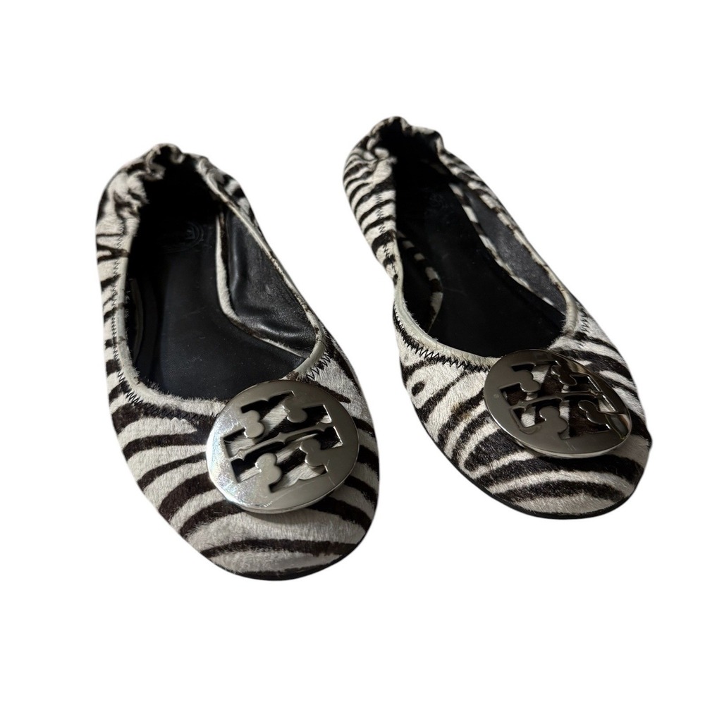 Tory Burch Reva Zebra Calf Hair Ballet Flats Silver Logo Brown White 8